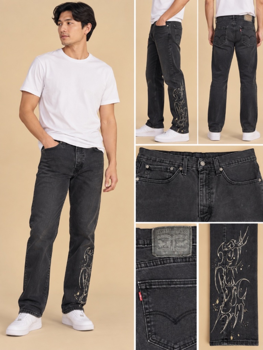 Levi’s 514 Men’s 32x30 Black Straight Jeans Graffiti Graphic Distressed